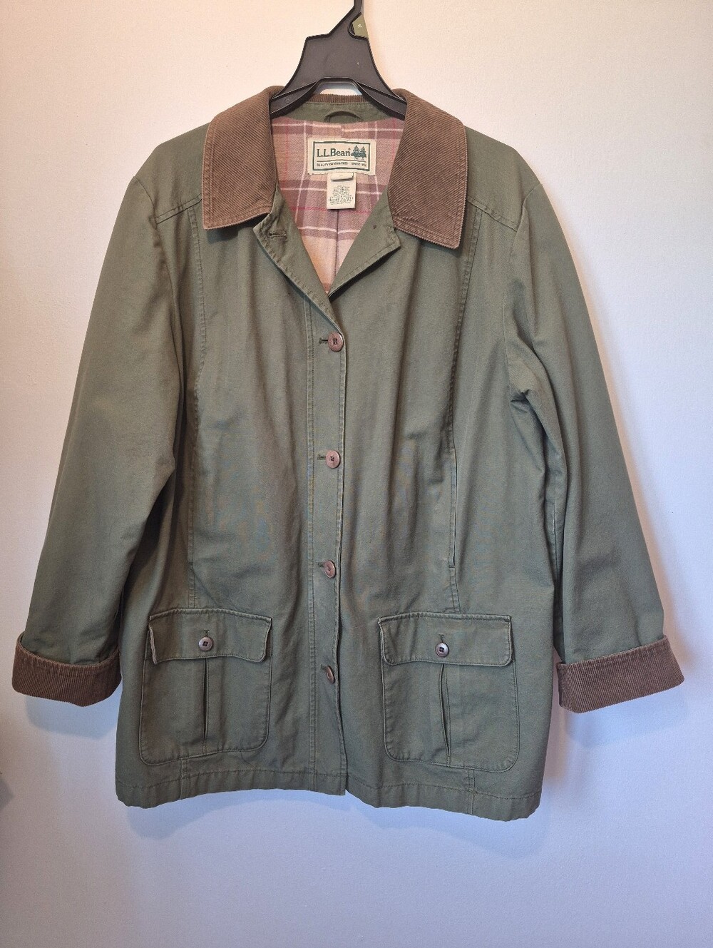 LL Bean Womens Chore Coat Flannel Lined Size XLarge Green Excellent Condition - Picture 2 of 10